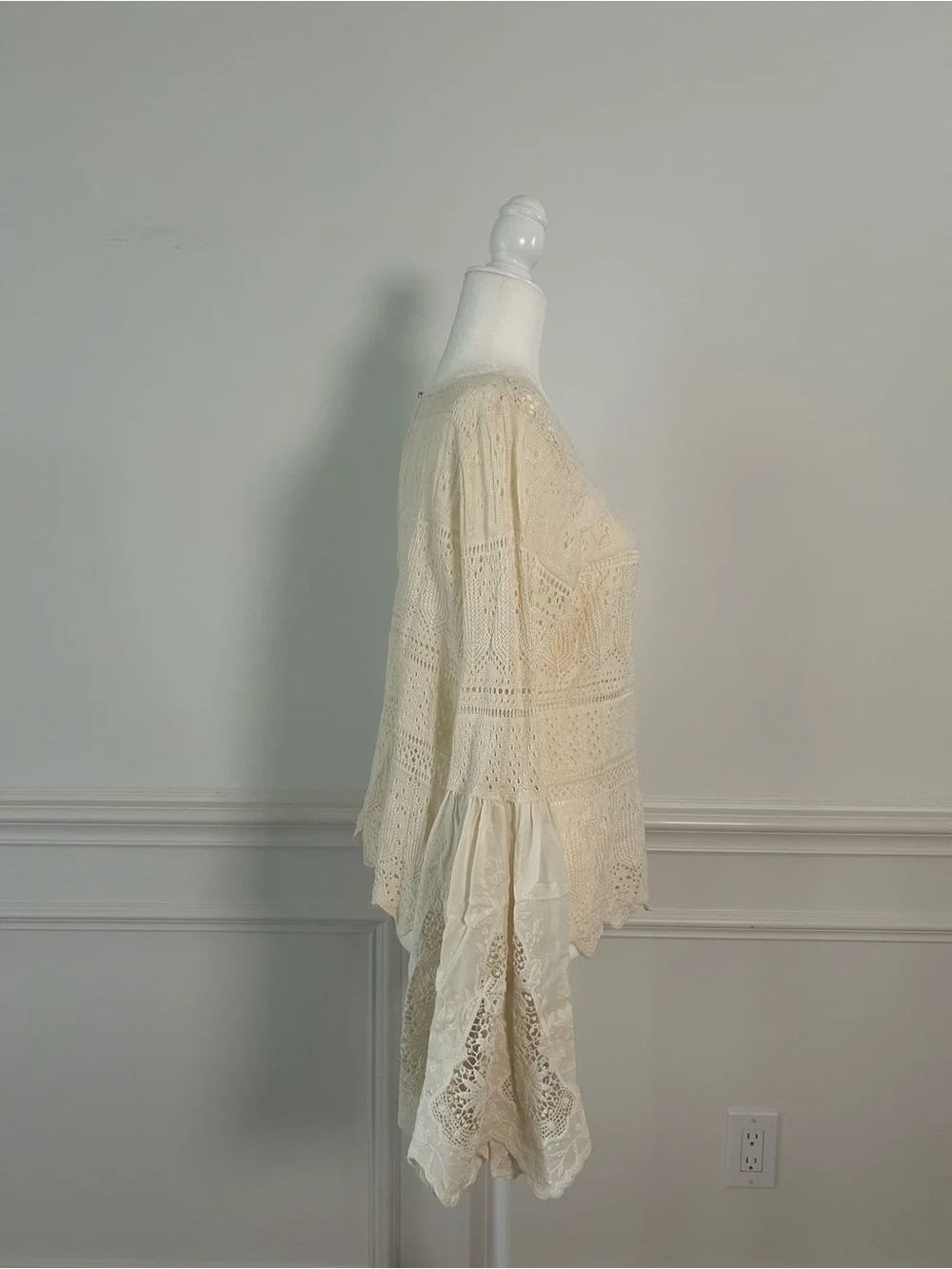 Free People Cream Crochet Lace Bell-Sleeve Top